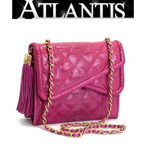 Chanel Matelasse Double Flap Chain Shoulder Bag Lizard Pink